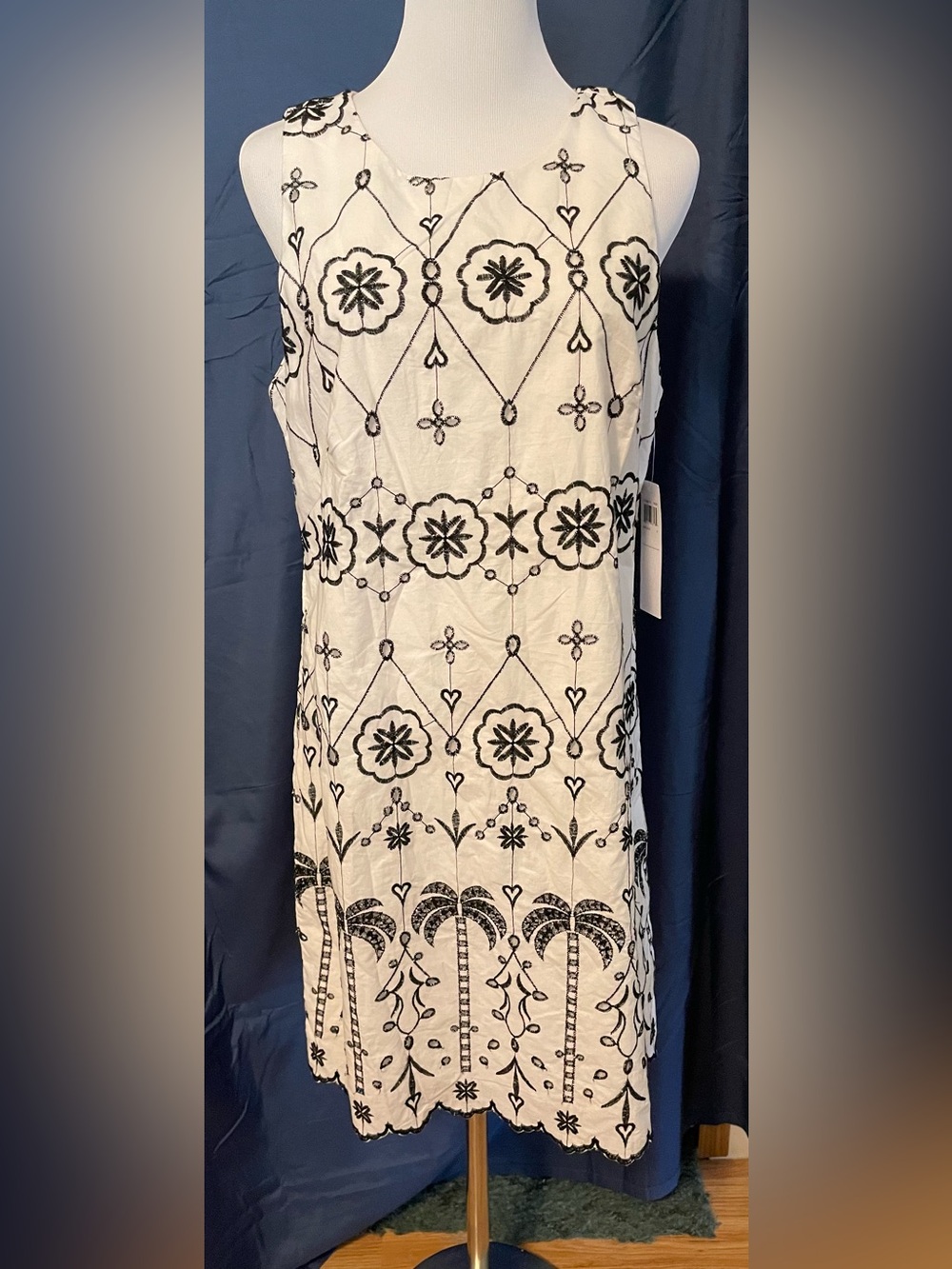 London Times White Midi Dress with Black Embroidered Floral Pattern